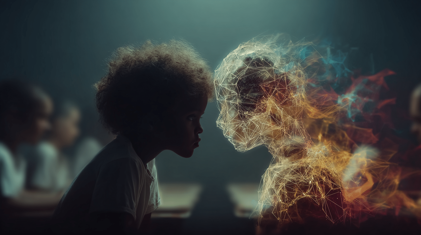 a child looking at a human head